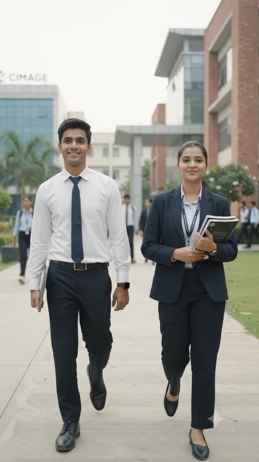 Two students walk outdoors together on a college campus walkway.